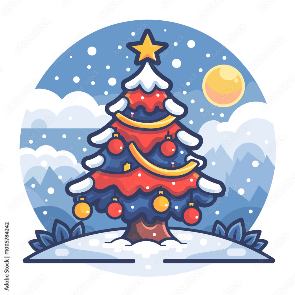Poster a christmas tree with a star on top and a red and gold box on the bottom. the tree is surrounded by 