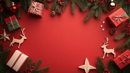 Christmas tree decorations, deer, and stars on the left on a red background