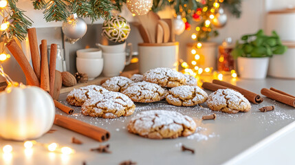 Fototapeta premium Festive homemade cookies dusted with powdered sugar, surrounded by cinnamon sticks, twinkling lights, and holiday decorations