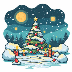 Christmas tree with gift boxes. Merry Christmas and Happy New Year greeting card.