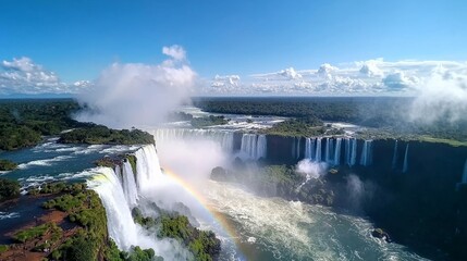 Fototapeta premium The Iguazu Falls in full flow, with rainbows forming in the mist, representing natural beauty and adventure