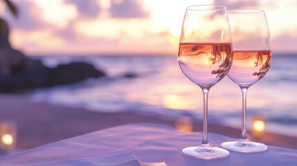 Close-up of two rose wine glasses on a table, soft evening light and a calm sea in the background.
