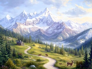 A peaceful pastel toned mountainscape with a winding path leading through a lush forest of evergreen trees breathtaking vistas of majestic snow capped peaks in the distance