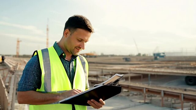 Caucasian male supervisor with clipboard on construction site. See the supervisor's role in coordinating subcontractor activities.