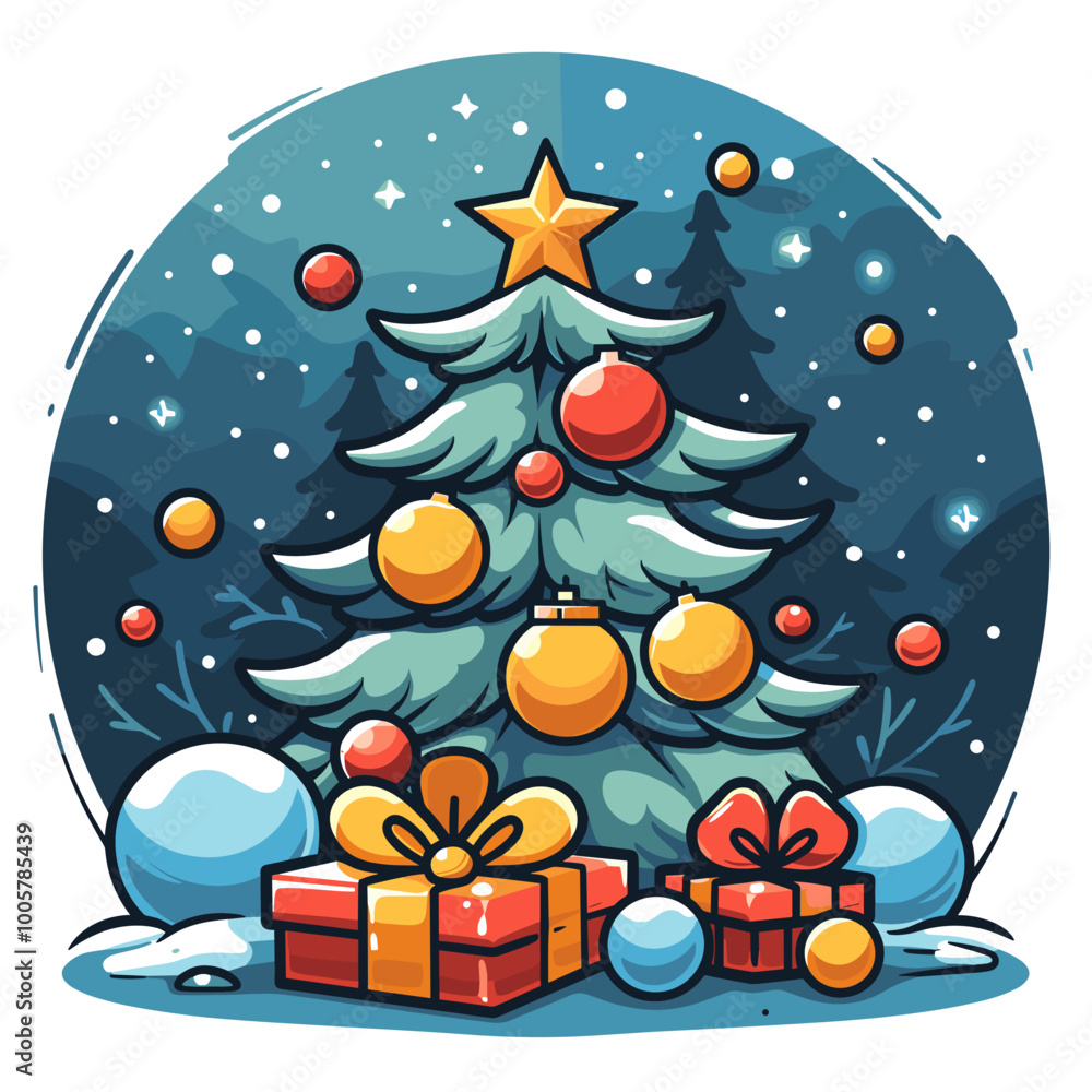 Poster a christmas tree with a star on top and a red and gold box on the bottom. the tree is surrounded by 