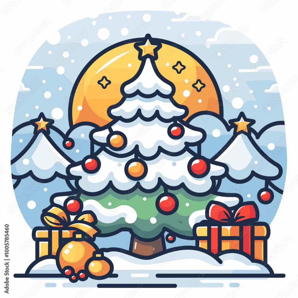Poster a christmas tree with a star on top and a red and gold box on the bottom. the tree is surrounded by 