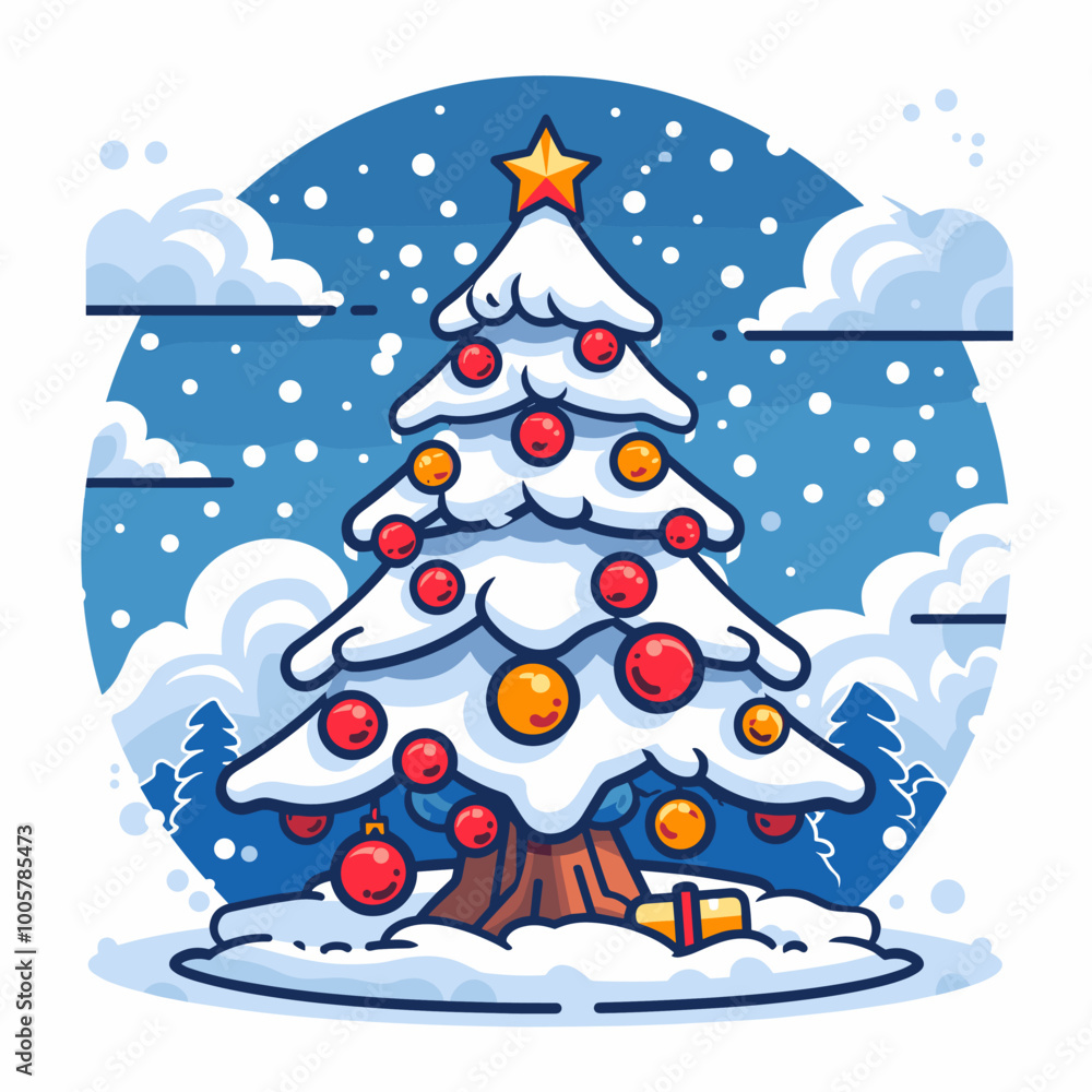 Poster a christmas tree with a star on top and a red and gold box on the bottom. the tree is surrounded by 