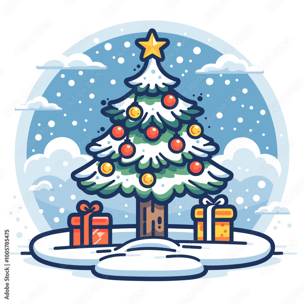 Poster a christmas tree with a star on top and a red and gold box on the bottom. the tree is surrounded by 