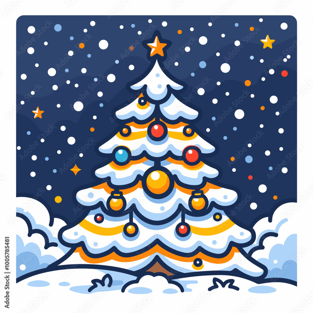 Poster a christmas tree with a star on top and a red and gold box on the bottom. the tree is surrounded by 