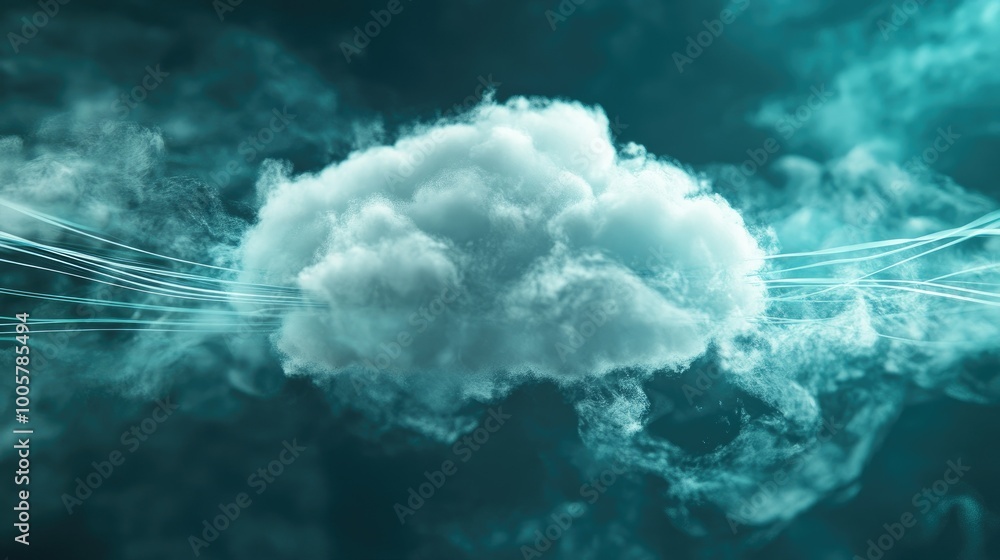 Poster concept image of a white cloud with a visible cable connection, set against a digital tech-themed ba