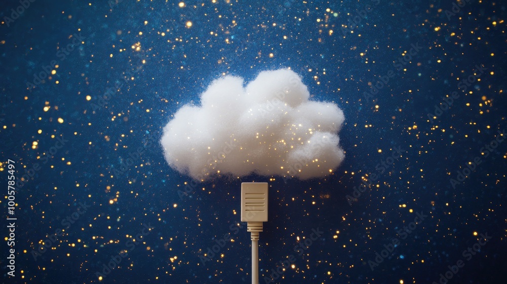 Poster concept image of a white cloud with a visible cable connection, set against a digital tech-themed ba