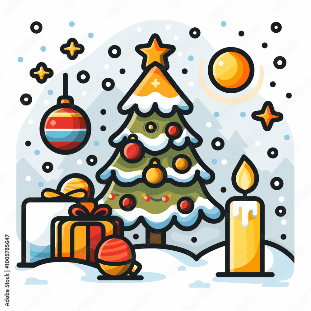 Poster a christmas tree with a star on top and a red and gold box on the bottom. the tree is surrounded by 