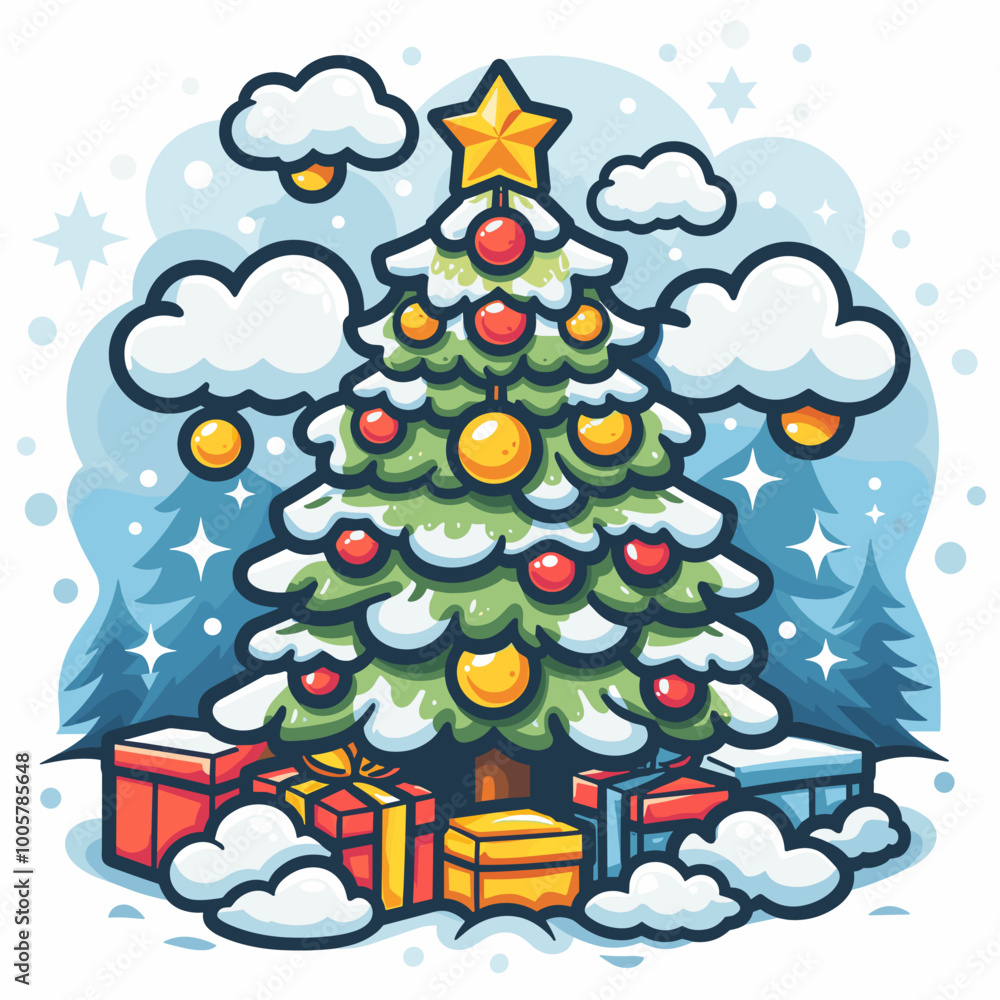Poster a christmas tree with a star on top and a red and gold box on the bottom. the tree is surrounded by 
