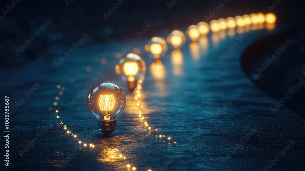 Poster conceptual image of light bulbs moving in arcs, leaving behind a glowing trail on a dark backdrop.