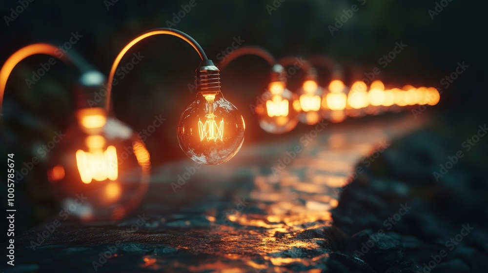 Poster conceptual image of light bulbs moving in arcs, leaving behind a glowing trail on a dark backdrop.