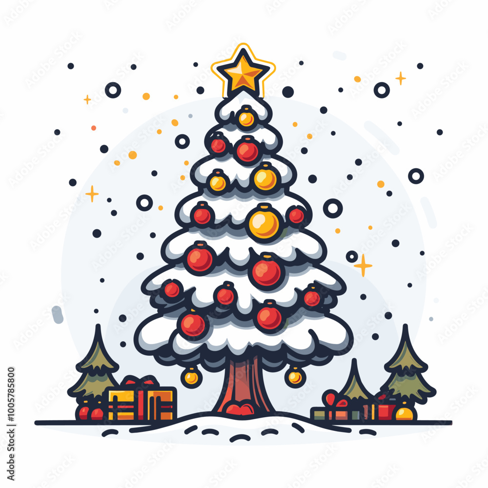 Poster a christmas tree with a star on top and a red and gold box on the bottom. the tree is surrounded by 