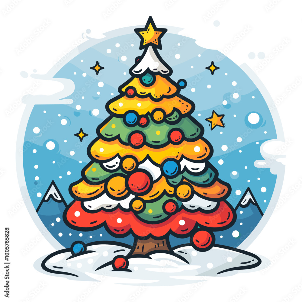Poster a christmas tree with a star on top and a red and gold box on the bottom. the tree is surrounded by 