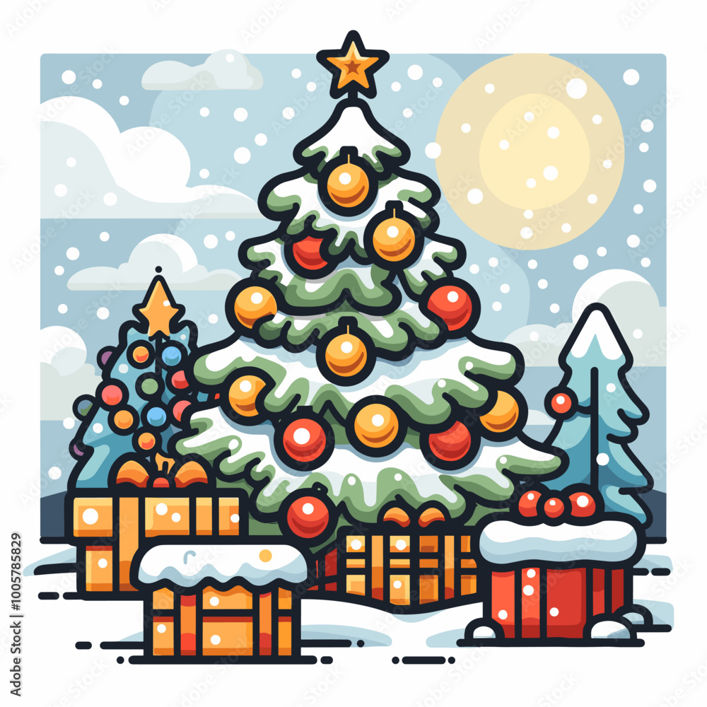 Poster a christmas tree with a star on top and a red and gold box on the bottom. the tree is surrounded by 