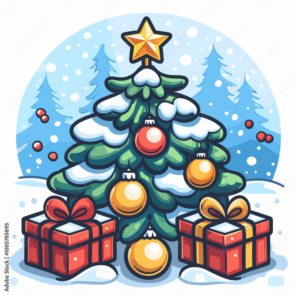 Poster a christmas tree with a star on top and a red and gold box on the bottom. the tree is surrounded by 