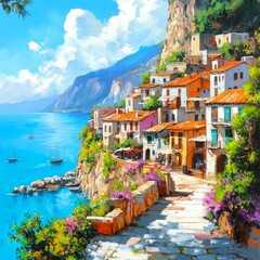 A picturesque coastal village nestled against a stunning backdrop of mountains. Bright colors and winding paths create a serene atmosphere. Perfect for travel enthusiasts and nature lovers. AI