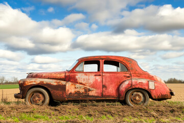 An old red car is parked in a field. The car is rusted and has a faded red color. The sky is cloudy, and the grass is short. Scene is nostalgic and somewhat melancholic