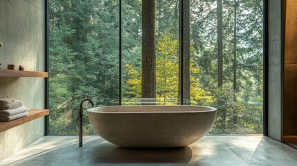 Fototapeta premium Contemporary bathroom with a freestanding tub, raw concrete finishes, and panoramic windows overlooking a tranquil forest.
