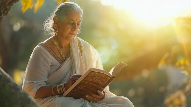 A middle-aged woman in traditional Indian attire reading the Vedas in a serene outdoor setting.