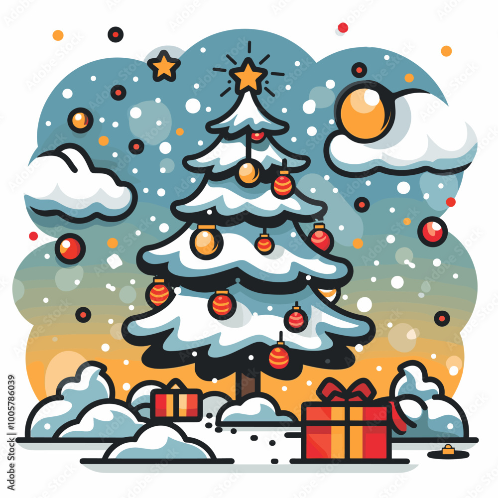 Poster a christmas tree with a star on top and a red and gold box on the bottom. the tree is surrounded by 