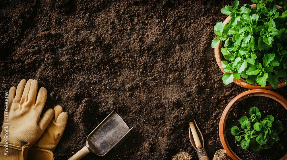 Wall mural Gardening tools and potted plants on a patch of brown soil.