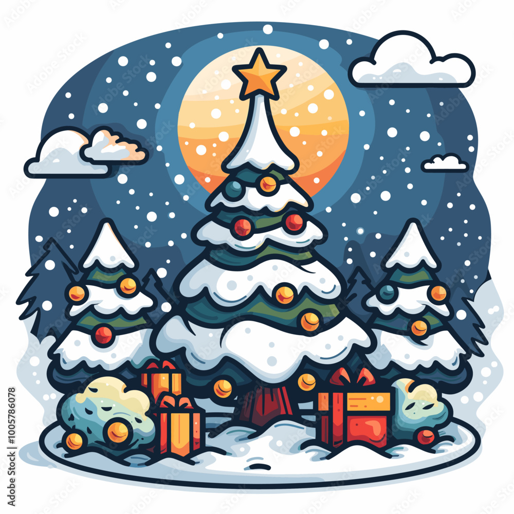 Poster a christmas tree with a star on top and a red and gold box on the bottom. the tree is surrounded by 