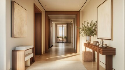 Contemporary entrance hallway with wooden finishes, a sleek console table, and a neutral color palette, exuding a warm, welcoming feel
