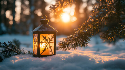 Beautiful Christmas lantern glowing warmly in snow, surrounded by pine branches, captures essence of winter and holiday spirit. soft sunlight enhances serene atmosphere
