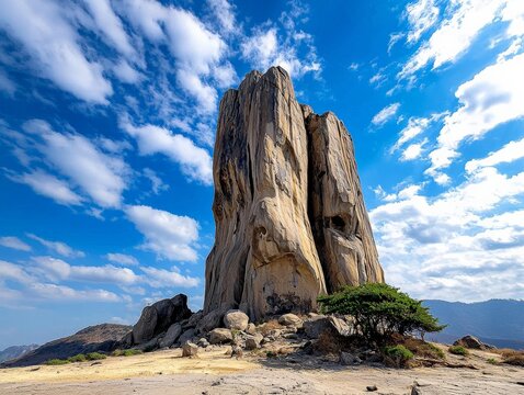 The natural beauty of Zuma Rock, standing tall against a blue sky, showcasing Nigeria's diverse landscapes