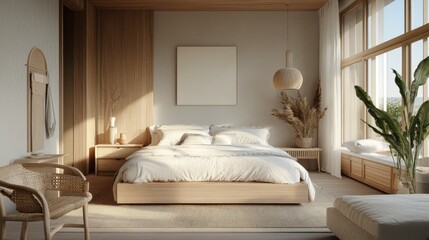 Cozy Scandinavian bedroom with a modern minimalist design, soft textures, and light wood furniture, creating a calm and inviting atmosphere