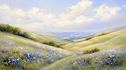 Pastel Inspired Landscape with Rolling Hills Scattered Wildflowers and Wispy Clouds in Dreamy Impressionist Style Peaceful and Tranquil Countryside Scene with Soft Muted Tones and Delicate Ethereal