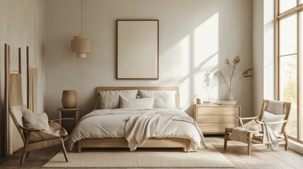 Cozy Scandinavian bedroom with a modern minimalist design, soft textures, and light wood furniture, creating a calm and inviting atmosphere