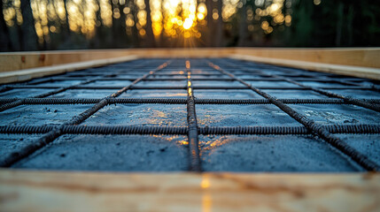 image captures close up view of concrete slab with rebar reinforcement, framed by wooden edges, as sun sets in background, creating warm glow