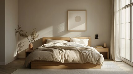 Obraz premium Cozy Scandinavian bedroom with minimal decor, warm tones, a large wooden bedframe, and simple yet stylish bedside tables