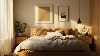 Cozy Scandinavian bedroom with minimal decor, warm tones, a large wooden bedframe, and simple yet stylish bedside tables
