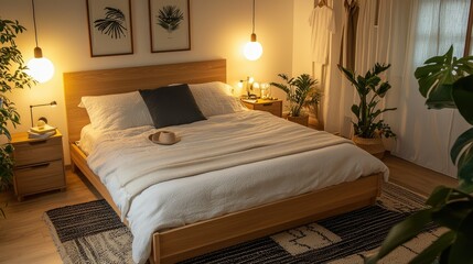 Cozy Scandinavian bedroom with minimal decor, warm tones, a large wooden bedframe, and simple yet stylish bedside tables