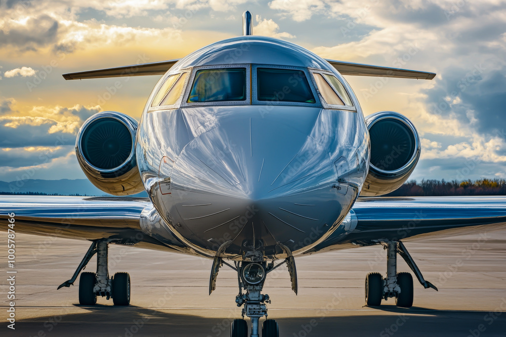 Wall mural a large jet plane is parked on the runway. the plane is white and has a sleek design. the sky above 