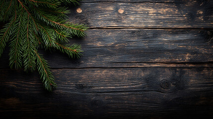 Naklejka premium Dark rustic wood background features single evergreen branch, creating serene and natural atmosphere perfect for seasonal themes