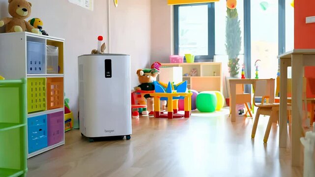 Colorful kindergarten classroom with toys, furniture, and air purifier in bright daylight