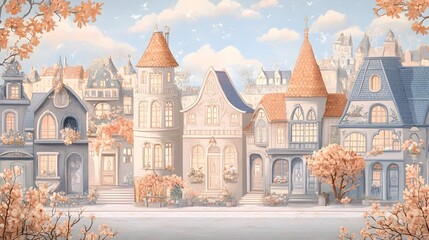 Fototapeta premium Cozy and Whimsical Townscape in Muted Pastel Tones with Delicate Floral Accents Evoking a Sense of Tranquility and Reminiscence from a Bygone Era
