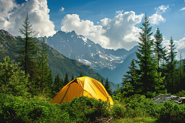 Tourist tent camping in mountains against backdrop of beautiful nature