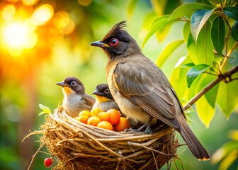 On a bright sunny day, a bulbul lovingly nurtures its nestlings in a snug nest, surrounded by the
