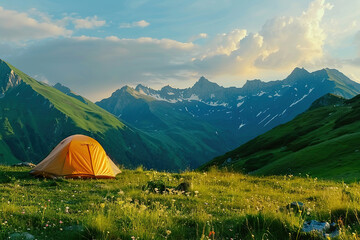 Tourist tent camping in mountains against backdrop of beautiful nature