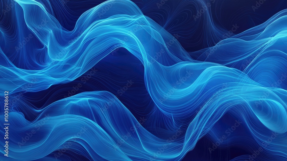 Poster dynamic blue wave patterns flowing horizontally, forming a vibrant abstract background design