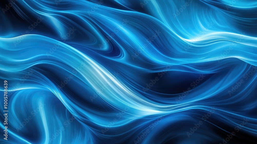 Poster dynamic blue wave patterns flowing horizontally, forming a vibrant abstract background design