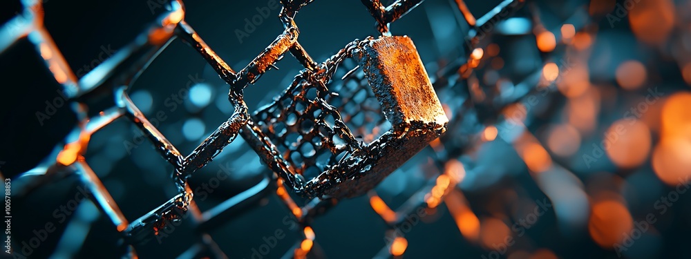 Poster a detailed shot of oxidized metal mesh with intricate rust patterns